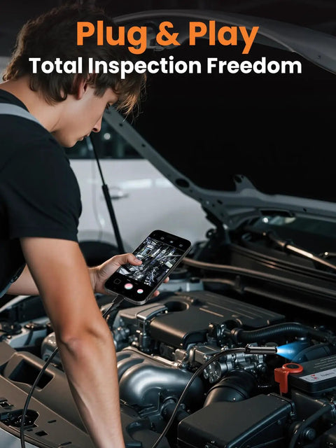 Person using Endoscope Cam With Light 1920P Borescope Eight LED Lights 33 Ft Semi-Rigid Snake Inspection Camera on car engine