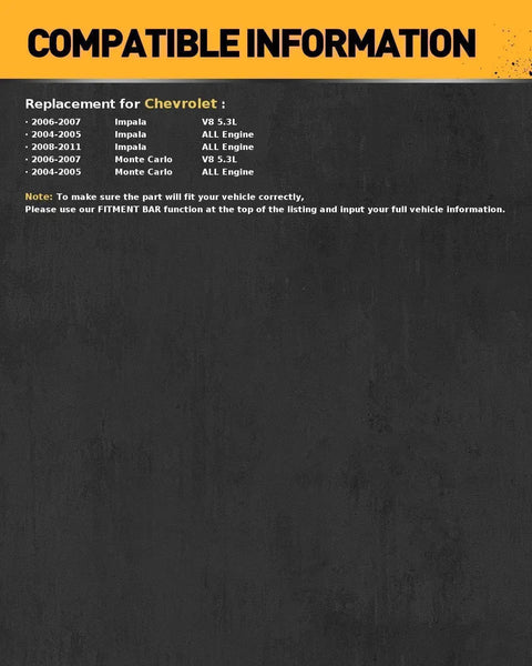 Compatibility chart for Chevrolet vehicles including Impala and Monte Carlo for Power Steering Rack And Pinion Assembly Replacement.