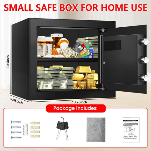 Open compact 1.3 cu ft fire safe with digital keypad, showing valuables and accessories, anti theft security safe box for home use