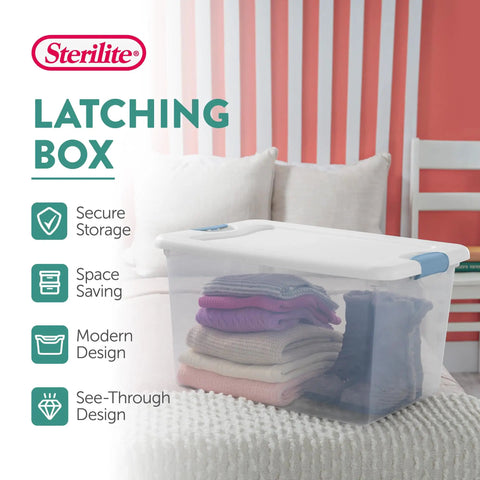64 Quart Clear Latching Storage Boxes 4 Pack With White Lids, showing stacked sweaters and boots inside clear bin.