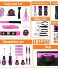 Pink 207 Piece Womens Tool Set With Portable 13 Inch Wide Mouth Tool Bag For DIY Home Repair layout with tools and bag