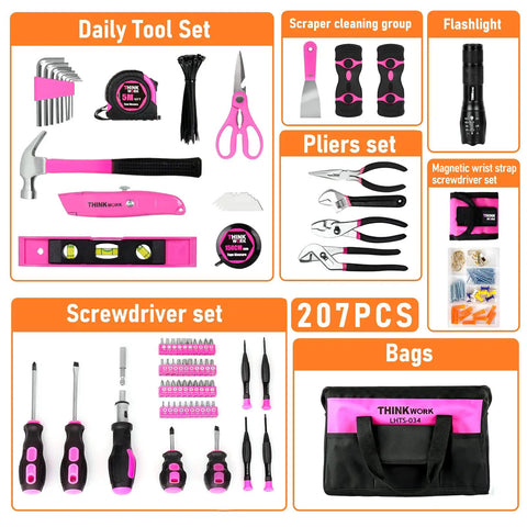 Pink 207 Piece Womens Tool Set With Portable 13 Inch Wide Mouth Tool Bag For DIY Home Repair layout with tools and bag