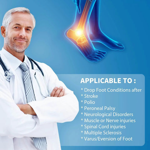 Doctor with drop foot ankle brace infographic for neurological disorders and spinal injuries.
