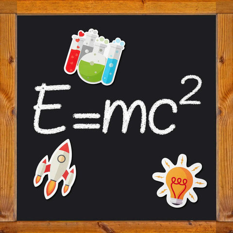 Science Bulletin Board Decorations Pack 45 Piece Set With 9 Styles Colorful Lab Cut Outs featuring E=mc² and icons.