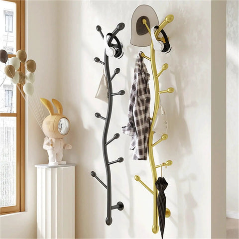 Decorative Wall Mounted Coat Rack Creative Vertical Storage System shown in black and gold, organizing jackets and bags in stylish entryway.
