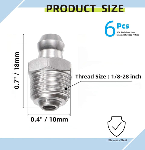 Front view of a 304 stainless steel straight grease fitting with 1/8-28 in thread.