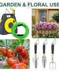 Image shows gardening tools and plants, including a hose reel, hanging flowers, tomatoes on the vine, and garden hand tools.