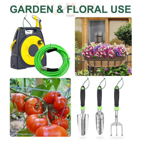 Image shows gardening tools and plants, including a hose reel, hanging flowers, tomatoes on the vine, and garden hand tools.
