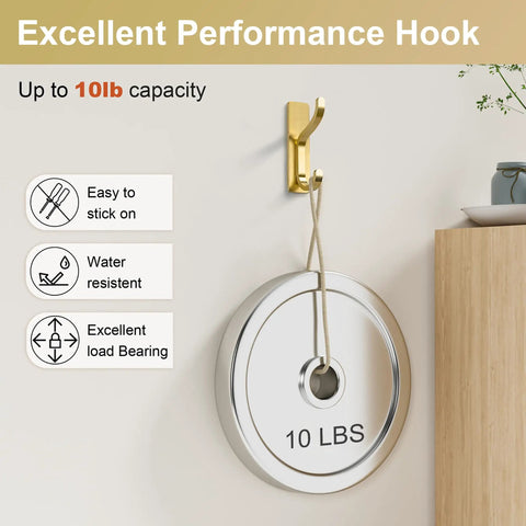 Heavy Duty Adhesive Wall Hooks For Bathroom Towels And Outerwear, Drill Free Stick On Mounts With Nasty Strong Grip, Rust Proof Gold Plating, Four Pack Home Upgrade