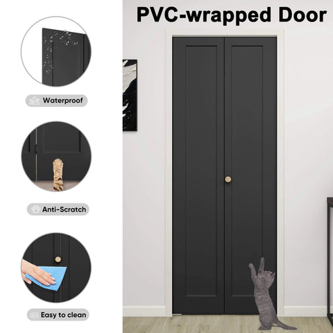 30 Inch By 80 Inch Bifold Barn Door Vinyl Wrapped Textured Black One Panel Bifold Closet Door With Hardware Kit Waterproof