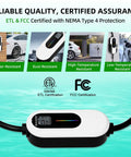 Plug And Play Level 2 EV Charger 40 Amp 240 Volt With WiFi App Control showcasing certifications and features.