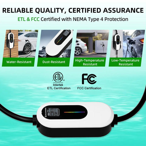 Plug And Play Level 2 EV Charger 40 Amp 240 Volt With WiFi App Control showcasing certifications and features.