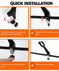 Four-step installation guide for Heavy Duty Universal Replacement Handle Featuring Quick Lock Clamp for shovels and weed eaters.