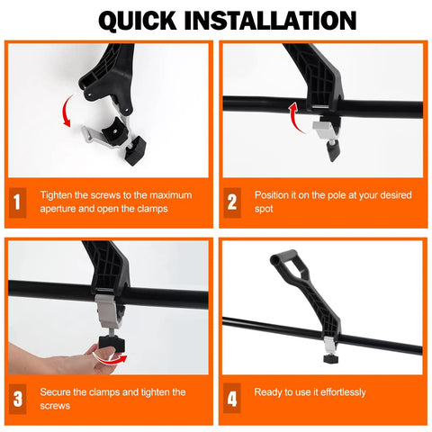 Four-step installation guide for Heavy Duty Universal Replacement Handle Featuring Quick Lock Clamp for shovels and weed eaters.