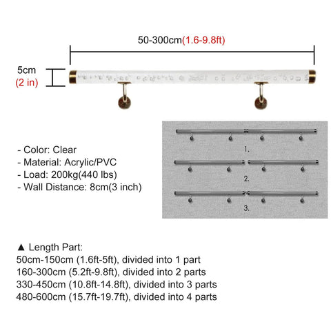 Slick Clear Acrylic Stair Handrail With Glossy Gold Brackets For Modern Homes And No Sweat Non Slip Grab Bar Kit Along Super Sturdy Wall Mounted Safety Rails For Tight Foyer Entries, dimensions and material details chart.