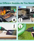 Electric Air Duster Blower With Two Speed Settings And Four Brush Attachments For Electronics Cleaning in use on grill, oven, keyboard, and inflatable.