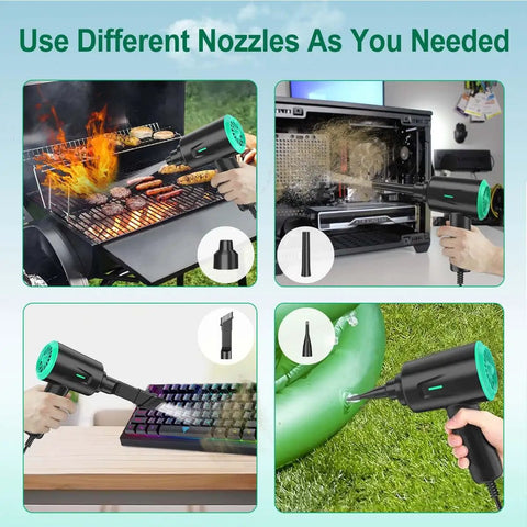 Electric Air Duster Blower With Two Speed Settings And Four Brush Attachments For Electronics Cleaning in use on grill, oven, keyboard, and inflatable.