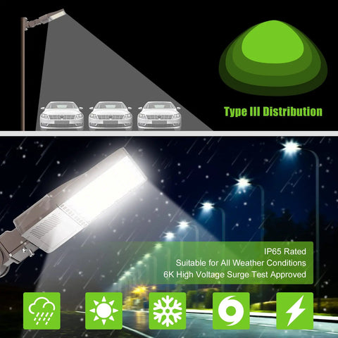 Beastly Bright 150W LED Parking Lot Light With Photocell, illuminating cars, IP65 rated, Type III distribution, outdoor use, night rain scene