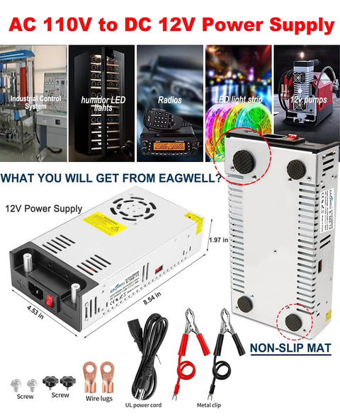 New Version 110V To 12V DC Power Converter Beefy 360W Auto Adjust AC To DC Transformer with wires, clips, and dimensions shown.