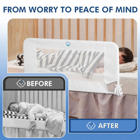 43 Inch Swing Down Crib Rail Guard For Toddlers setup, showing before and after installation with child sleeping