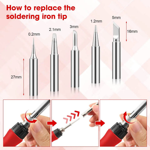 Guide on replacing soldering iron tip for Pro Grade 100W Digital Soldering Iron Kit With Ceramic Heater And LED Display, red handle.