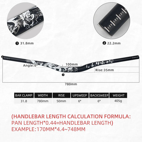 Diagram of Mountain Bike Handlebar 31.8mm Clamp 780mm Cuttable Width with 35mm Rise Options and length calculation formula.
