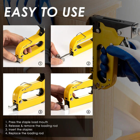 Heavy Duty 4 In 1 Staple Gun With 6000 Staples Remover Gloves and Manual Brad Nailer used on wood with illustrated steps.
