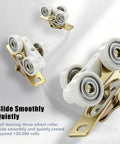 Close-up of 4 Foot Commercial Grade Sliding Pocket Door Hardware Kit rollers with ball bearings on a white background.