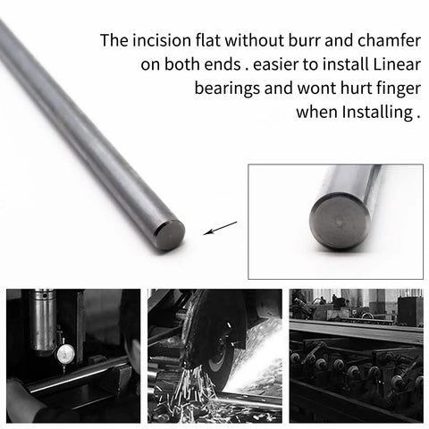 Four Pack 8 mm By 400 mm Case Hardened Chrome Linear Rods For 3D Printers DIY CNC Machines Precision Shafts With Chrome Plating Hrc 62 Tolerance From 7.97 To 7.995 Mm shown with detailed cut and chamfer view