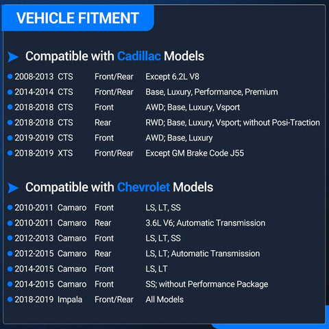Vehicle fitment chart for Front And Rear Wheel Bearing Hub Assembly 5 Lug With ABS Encoder For Cadillac CTS XTS Camaro Impala 2008-2019