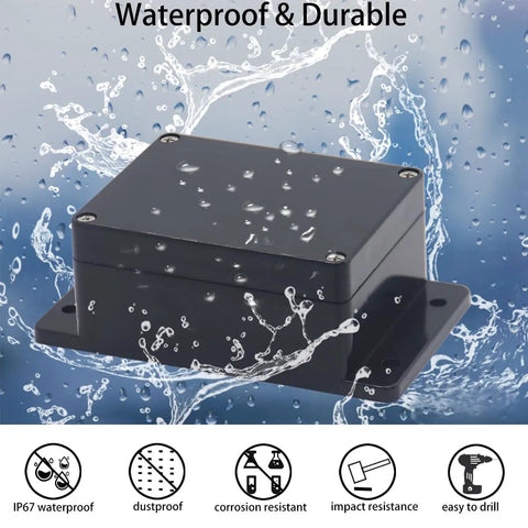 IP65 Waterproof ABS Plastic Project Box Junction Enclosure Built Tough For DIY Electronics Power Housing With Fixed Ear 3 Point 3 X 2 Point 3 X 1 Point 3 Inches Black Indoor Outdoor Rugged Ready, black angled view