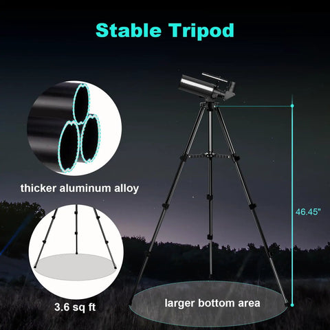 Image showing Portable 70mm Catadioptric Telescope For Adults With Pro Tripod And Phone Adapter, highlighting tripod stability and features.