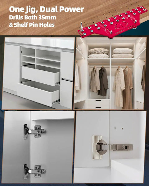 Two In One Cabinet Jig With Eleven Hole Shelf Pin Guide And Concealed Hinge Drill Template used in home furniture.