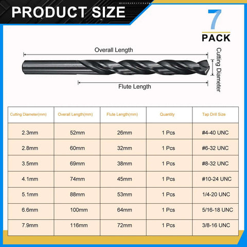 Premium M2 High Speed Steel Drill Bit Set 7 Piece Jobber Bits From 2.3Mm To 7.9MM With 135 Degree Split Point And Black Oxide Finish Totally Cranks Through Metal Wood Like Butter For Pro Mechanics, 7 pack size chart