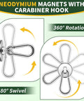 Built Tough 12 Pack Heavy Duty Magnetic Hooks With Swivel Carabiner showing 360 degree rotation and 180 degree swivel features.