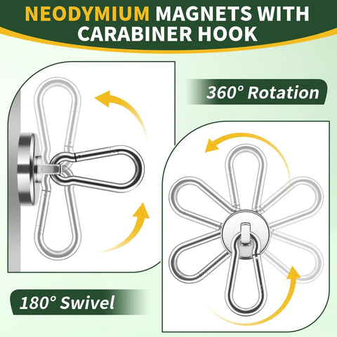 Built Tough 12 Pack Heavy Duty Magnetic Hooks With Swivel Carabiner showing 360 degree rotation and 180 degree swivel features.