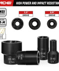 Heavy Duty Lug Nut Remover And Bolt Extractor Set One Half Inch And Three Eighth Inch Drive Tough As Nails For Removing Damaged Bolts Chrome Molybdenum Steel sockets with sizes 27mm, 17mm, 13mm, 1/4 inch displayed in black.