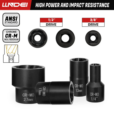 Heavy Duty Lug Nut Remover And Bolt Extractor Set One Half Inch And Three Eighth Inch Drive Tough As Nails For Removing Damaged Bolts Chrome Molybdenum Steel sockets with sizes 27mm, 17mm, 13mm, 1/4 inch displayed in black.