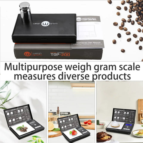 Compact Digital Pocket Gram Scale 200g Capacity With 0.01g Accuracy shown with food, coins, and beans, includes 100g calibration weight