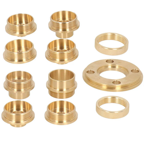 Pro Grade Brass Router Template Bushing Guide Kit featuring eight sizes of brass bushings and one adapter for woodworking.