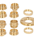 Heavy Duty 11 Piece Brass Router Guide Bushing Kit With Lock Nuts And Adapter Sleeves showing brass adapter sleeves and nuts.