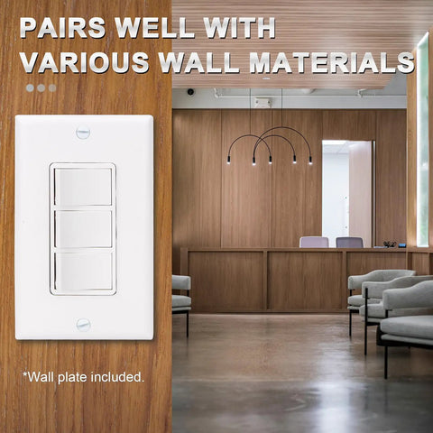 Space Saving Triple Rocker Light Switch With Wall Plate 15A 120V Three Independently Controlled Switches In One Compact White UL And CUL Certified Perfect For Living Rooms And Hallways installed on a wooden wall