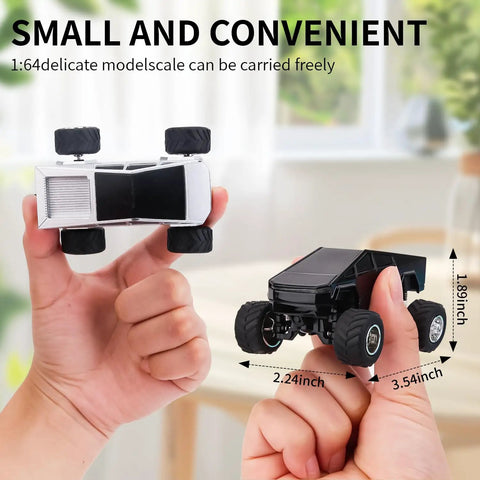 Hands holding Mini 1:64 Scale Monster RC Truck With Lights, Rechargeable Alloy Shell, highlighting small size and silver color.