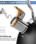 Close-up of 2.6 Quart Whistling Tea Kettle For Stovetop Black, Durable 304 Stainless Steel spout with wood-like handle