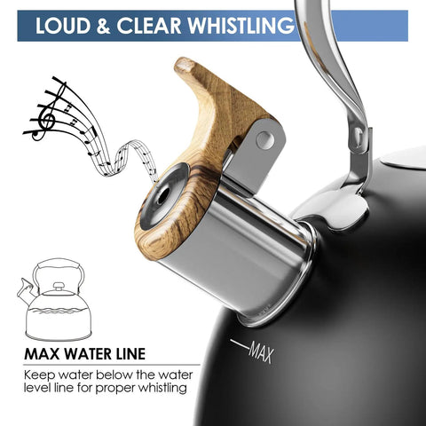 Close-up of 2.6 Quart Whistling Tea Kettle For Stovetop Black, Durable 304 Stainless Steel spout with wood-like handle
