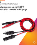 Dual MC4 Test Leads With Banana Plug For PV Setups, 1500V CAT III Rated, in red and black, ideal for solar panel troubleshooting.