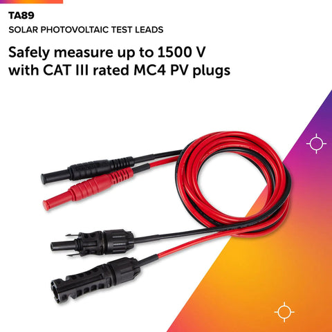 Dual MC4 Test Leads With Banana Plug For PV Setups, 1500V CAT III Rated, in red and black, ideal for solar panel troubleshooting.