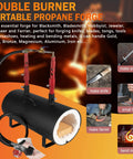 Portable Double Burner Propane Forge With Large Capacity For Blacksmithing Knife Making Tongs Tools And Farrier Work Heats Metals Up To 2600 Degrees Fahrenheit A True Workhorse For Bladesmiths Hobbyists And Metalworking Projects with images of tools and materials.