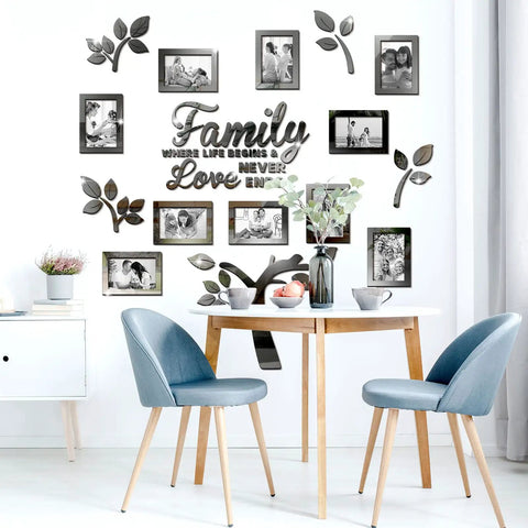 Tree Wall Decal Set With Acrylic 3D Mirror Panels And Photo Frames, Dope Removable Wall Art in living room, black 47 by 47 inches.