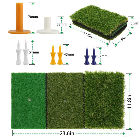 3-In-1 Golf Practice Mat With Realistic Turf Surfaces For Hitting Swing And Putting Training Indoor Outdoor Practice Aid Wind Shear Upgrade Includes 35mm Rough Turf 16mm Green Turf And 10mm Fairway Turf with tee height measurements